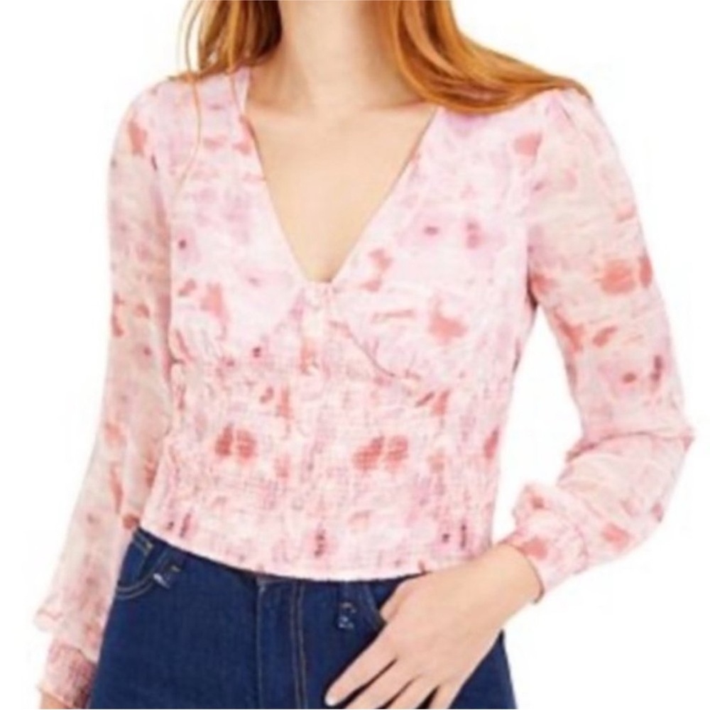 BAR III CROPPED LONG SLEEVE SMOCKED ETHEREAL EARTH BABY PINK FLORAL TOP S
